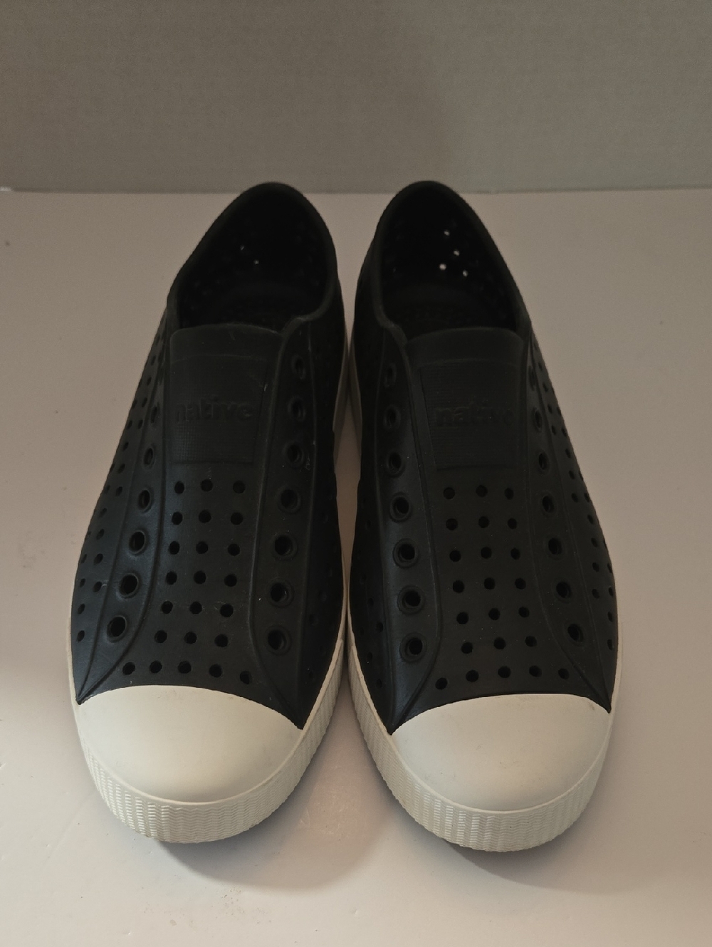 Native Black Slip-On Loafers with White Toe Cap